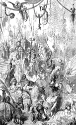 Sindbad, o marinheiro (Sinbad) - conto das mil e uma (1001) noites - ilustração de Gustave Dore - edição Maxwell 1865 - Sexta viagem - esta gravura pode representar a corte do rei de Serendib ou a do califa Haroun al-Rashid (Harun al