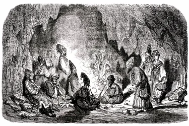 Sindbad, o marinheiro (Sinbad) - conto das mil e uma (1001) noites - ilustração de Gustave Dore - edição Maxwell 1865 - Primeira viagem: Sindbad, abandonado no meio do mar pelos seus companheiros, chega a uma ilha e encontra numa gruta a palefrenia