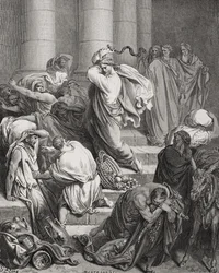 Os compradores e vendedores expulsos do templo, Lucas 19: 45-46, ilustração da "Bíblia Sagrada" de Dore, gravada por Bertrands, 1866