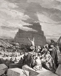 A confusão das línguas, Génesis 11:7-9, ilustração de «A Bíblia Sagrada» de Doré, gravada por Maurand, 1866