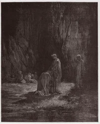 A Divina Comédia, Purgatorio, Canto 7: o poeta Sordello, espantado, ajoelha-se perante Virgílio - de Dante Alighieri (1265-1321) - ilustração de Gustave Doré (1832-1883)