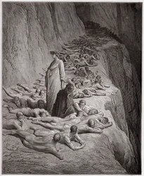 A Divina Comédia, Purgatorio, canto 19: As almas dos avarentos: Adriano V fala com Dante - de Dante Alighieri (1265-1321) - Ilustração de Gustave Doré (1832-1883)