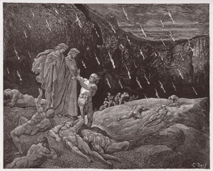 A Divina Comédia (La Divina Commedia, La Divine Comédie), Inferno, canto 15: Brunetto Latini aborda Dante - de Dante Alighieri (1265-1321) - ilustração de Gustave Doré (1832-1883)