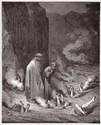 A Divina Comédia, Inferno, Canto 19: Dante repreende o papa Nicolau III na quarta bolgia - de Dante Alighieri (1265-1321) - Ilustração de Gustave Doré (1832-1883)