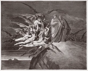 A Divina Comédia, Inferno, Canto 21: Os demónios ameaçam Virgílio - de Dante Alighieri (1265-1321) - Ilustração de Gustave Doré (1832-1883)