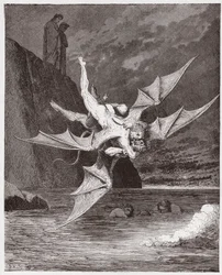 A Divina Comédia, Inferno, Canto 22: Alichino e Calcabrina lutam sobre o pez - de Dante Alighieri (1265-1321) - Ilustração de Gustave Doré (1832-1883)