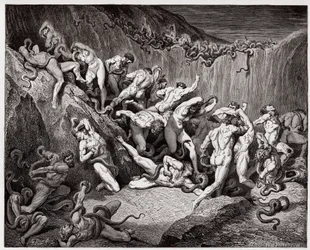 A Divina Comédia, Inferno, canto 24: Os ladrões atormentados por serpentes - de Dante Alighieri (1265-1321) - Ilustração de Gustave Doré (1832-1883)
