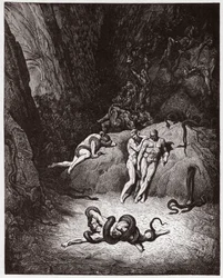 A Divina Comédia, Inferno, Canto 25: Agnello transforma-se numa serpente - de Dante Alighieri (1265-1321) - Ilustração de Gustave Doré (1832-1883)