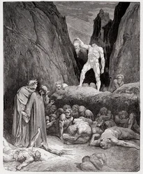 A Divina Comédia (La Divina Commedia, La Divine Comédie), Inferno, Canto 28: A cabeça decepada de Bertrand de Born fala a Dante - de Dante Alighieri (1265-1321) - Ilustração de Gustave Doré (1832-1883)