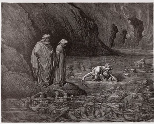 A Divina Comédia, Inferno, Canto 32: Ugolino rói a cabeça do arcebispo Ruggieri - de Dante Alighieri (1265-1321) - Ilustração de Gustave Doré (1832-1883)