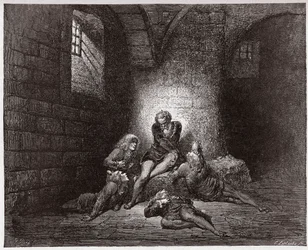 A Divina Comédia (La Divina Commedia, La Divina Comediante), Inferno, Canto 33: Ugolino e seus filhos imersos e famintos - por Dante Alighieri (1265-1321) - Ilustração de Gustave Dore (1832-1883)