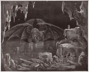 A Divina Comédia, Inferno, canto 34: Lúcifer, rei do Inferno, gelado no gelo - de Dante Alighieri (1265-1321) - Ilustração de Gustave Doré (1832-1883)
