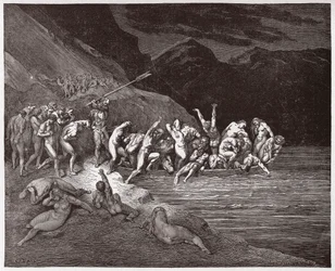 A Divina Comédia, Inferno, Canto 3: As almas condenadas embarcam para atravessar o Aqueronte - de Dante Alighieri (1265-1321) - Ilustração de Gustave Doré (1832-1883)