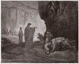 A Divina Comédia, Inferno, Canto 6: Virgílio alimenta Cérbero no terceiro círculo - de Dante Alighieri (1265-1321) - Ilustração de Gustave Doré (1832-1883)