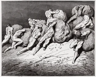 A Divina Comédia, Inferno, Canto 7: As almas dos avarentos e dos pródigos obrigadas a rolar pedras pesadas - de Dante Alighieri (1265-1321) - Ilustração de Gustave Doré (1832-1883)