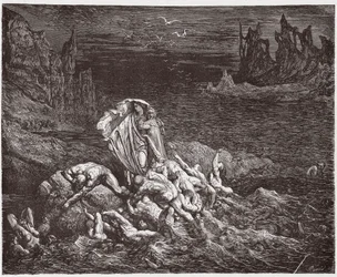A Divina Comédia, Inferno, Canto 7: Virgílio mostra a Dante as almas dos irados no Estige - de Dante Alighieri (1265-1321) - Ilustração de Gustave Doré (1832-1883)