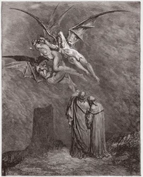 A Divina Comédia (La Divina Commedia, La Divine Comédie), Inferno, Canto 9: As hediondas Erínias: Megera, Tisífone, Alecto - de Dante Alighieri (1265-1321) - Ilustração de Gustave Doré (1832-1883)