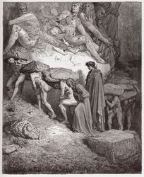 A Divina Comédia, Purgatório, Canto 11: As almas dos orgulhosos, carregando pedras pesadas - de Dante Alighieri (1265-1321) - Ilustração de Gustave Doré (1832-1883)