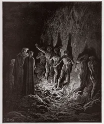 A Divina Comédia, Purgatorio, Canto 25: Os luxuriosos atravessam o fogo no sétimo círculo - de Dante Alighieri (1265-1321) - Ilustração de Gustave Doré (1832-1883)