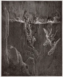 A Divina Comédia, Purgatorio, Canto 25: Virgílio e Dante sobem ao sétimo círculo através das chamas - de Dante Alighieri (1265-1321) - Ilustração de Gustave Doré (1832-1883)