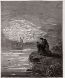 A Divina Comédia (La Divina Commedia, La Divina Comédia), Purgatorio, Canto 2: Dante se curva diante do anjo piloto - por Dante Alighieri (1265-1321) - Ilustração por Gustave Dore (1832-1883)