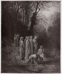 A Divina Comédia, Purgatorio, Canto 33: Dante bebe do rio Eunoé - de Dante Alighieri (1265-1321) - ilustração de Gustave Doré (1832-1883)