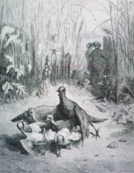 A fábula da cotovia, seus jovens e o mestre do campo, ilustração para as fábulas de La Fontaine rnrn