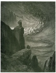O Inferno de Dante Alighieri, a Divina Comédia, ilustrado por Gustave Doré. Edição francesa de 1861. «La bufera infernal, che mai non resta / Mena gli spirti con la sua rapina. (O furacão infernal, que nunca pára, arrasta os espíritos no seu turbilhão.)»