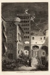 A Prisão da Inquisição em Barcelona, desenho de Gustave Dore (1832-1883), para ilustrar sua viagem à Espanha, com C. Davillier, em 1862. Gravura em "Le tour du monde", editado por Edouard Charton
