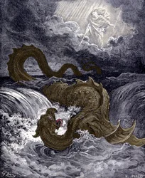 O Leviatã, monstro marinho semelhante à serpente marinha referida na Bíblia. Ilustrações da Bíblia por Gustave Doré. Gravura do século XIX.