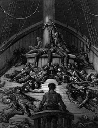 O Marinheiro olha para os seus companheiros mortos e lamenta a maldição de ter sobrevivido enquanto todos os seus companheiros marinheiros morreram, cena de "The Rime of the Ancient Mariner" de S.T. Coleridge, publicado por Harper  Brothers, Nova Iorque