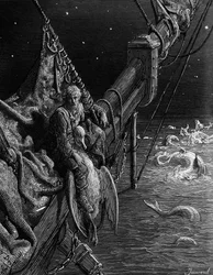 O marinheiro observa as serpentes no oceano, cena de «The Rime of the Ancient Mariner», de S. T. Coleridge, publicada por Harper and Brothers, Nova Iorque, 1876