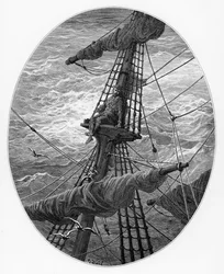 A Mariner até o mastro durante uma tempestade, cena de &39;O Rime do Marinheiro antigo&39; por ST Coleridge, publicado pela Harper und Brothers, Nova York, 1876 (gravura em madeira)