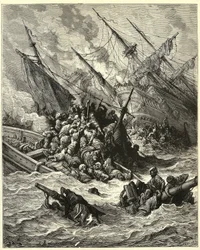 A "Batalha Naval de Lepanto" estabeleceu uma aliança entre Espanha e Veneza e as forças do Papa contra os otomanos em 1571, ao largo da Grécia. Gravura de Gustave Dore (1832-1883) a partir de "História das Cruzadas" de Joseph Francois Michaud