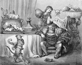 O ogre recebe o gato, ilustração para «O Gato das Botas» de Charles Perrault (1628-1703), 1883
