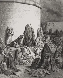 O povo que está de luto pelas ruínas de Jerusalém, Lamentações 1: 1-2 ilustração da "Bíblia Sagrada" de Dore, gravada por A. Bertrand 1866