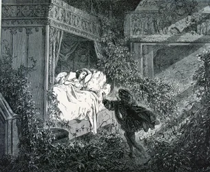 O príncipe entrando no quarto da princesa no castelo encantado, ilustração de "A bela adormecida" de Charles Perrault (1628-1703)