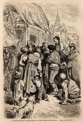 A chegada da diligência em um hotel em Santa Cruz de modela (província de Mancha), assaltada por mendigos que chamam por almona. Desenho de Gustave Dore (1832-1883). Gravura para ilustrar a viagem na Espanha, em 1862, de Charles Davillier e Gustave Dore, e