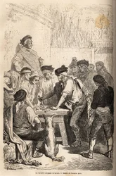 A arma baratero da navaja, exigindo o barato, homenagem que ele arrogou sobre a quantidade de jogos clandestinos. Desenho de Gustave Dore (1832-1883), para ilustrar sua viagem à Espanha em 1862, com Ch. Davillier. Gravura em "Le tour du monde", edi