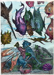 O barão no seu cavalo cruza peixes no fundo do mar. Cena de "" As Aventuras do Barão de Munchausen (Munchhausen) "" de Rudolph Erich Raspe (1736 - 1794), Ilustração de Gustave Dore. Fim do dia 19.
