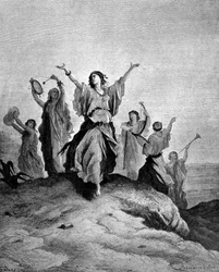 A filha de Jefté, a juíza de Israel, foi encontrar-se com o pai dela. Ilustração de Gustave Doré. Gravura do século XIX.