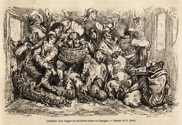 O interior de um vagão de terceira classe na Espanha, desenho de Gustave Dore (1832-1883), para ilustrar sua viagem à Espanha, com C. Davillier, em 1862. Gravura em "Le tour du monde", editado por Edouard Charton
