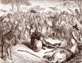 Os mercadores de Toledo vêem como um dos seus condutores de mula ganha a Don Quixote Engraving de Gustave Dore (1832-1883) para "The Ingenieux Hidalgo Don Quixote Quixote" de Miguel de Cervantes (1547-1616)) 1863 Colecção privada