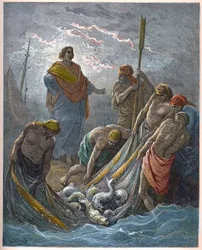 O calado milagroso dos peixes - Pesca milagrosa - - Gravura em "A ilustração bíblica" de Gustave Dore (1832-1883) - Gravura em "A Bíblia Dore