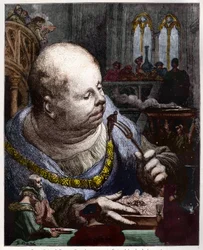 Os peregrinos são comidos em saladas - ilustração de "Gargantua e Pantagruel", de François Rabelais - gravura de Gustave Dore