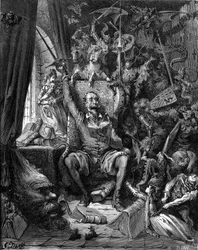 A leitura de Dom Quixote (Quixote ou Qijote). Gravura de Gustave Doré que ilustra a edição Hachette de 1869 do livro «O Engenhoso Fidalgo Dom Quixote de La Mancha» (Mancha) de Miguel de Cervantes Saavedra, tradução de Louis Viardot, 370 composições