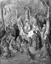 O sermão da montanha: Jesus Cristo prega perante todos os seus discípulos. Ilustração da Bíblia (Novo Testamento) de Gustave Doré (1832-1883), 1866