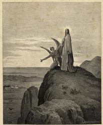 "A tentação de Cristo" Jesus leva-se ao deserto e é tentado pelo demónio. Ilustração de Gustave Dore (1832-1883) para a Bíblia. 1866