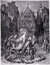 O judeu errante rodeado de curiosos numa cidade - em "A lenda do judeu errante" de Gustave Doré, Livraria da Loja Pitoresca
