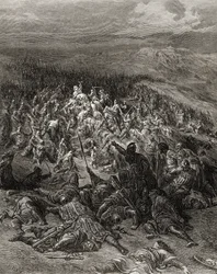 Dois cem cavaleiros atacam vinte mil sarracenos, ilustração de &39;Bibliotheque des Croisades&39; por JF. Michaud, 1877